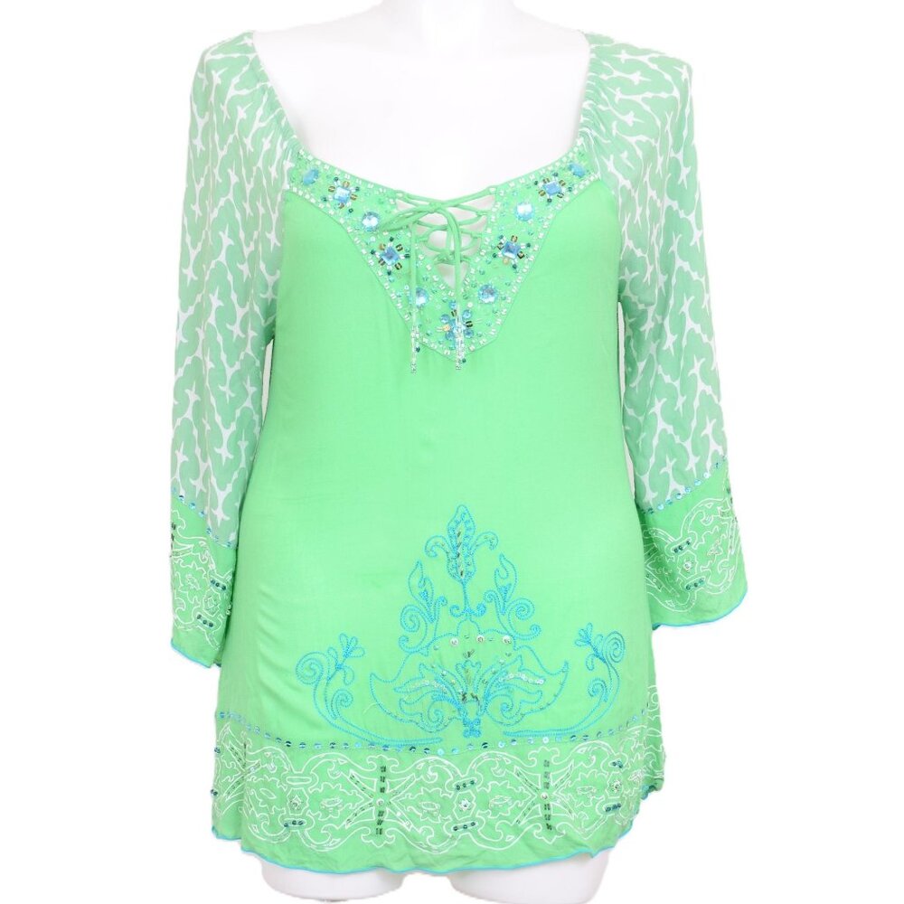 KRISTA LEE Peasant Bohemian Colorful Sequins Embroidered Tunic Blouse Size L